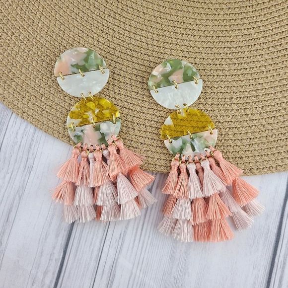 Tassel Pink Peach Half Moon Statement Earrings - Picture 1 of 3